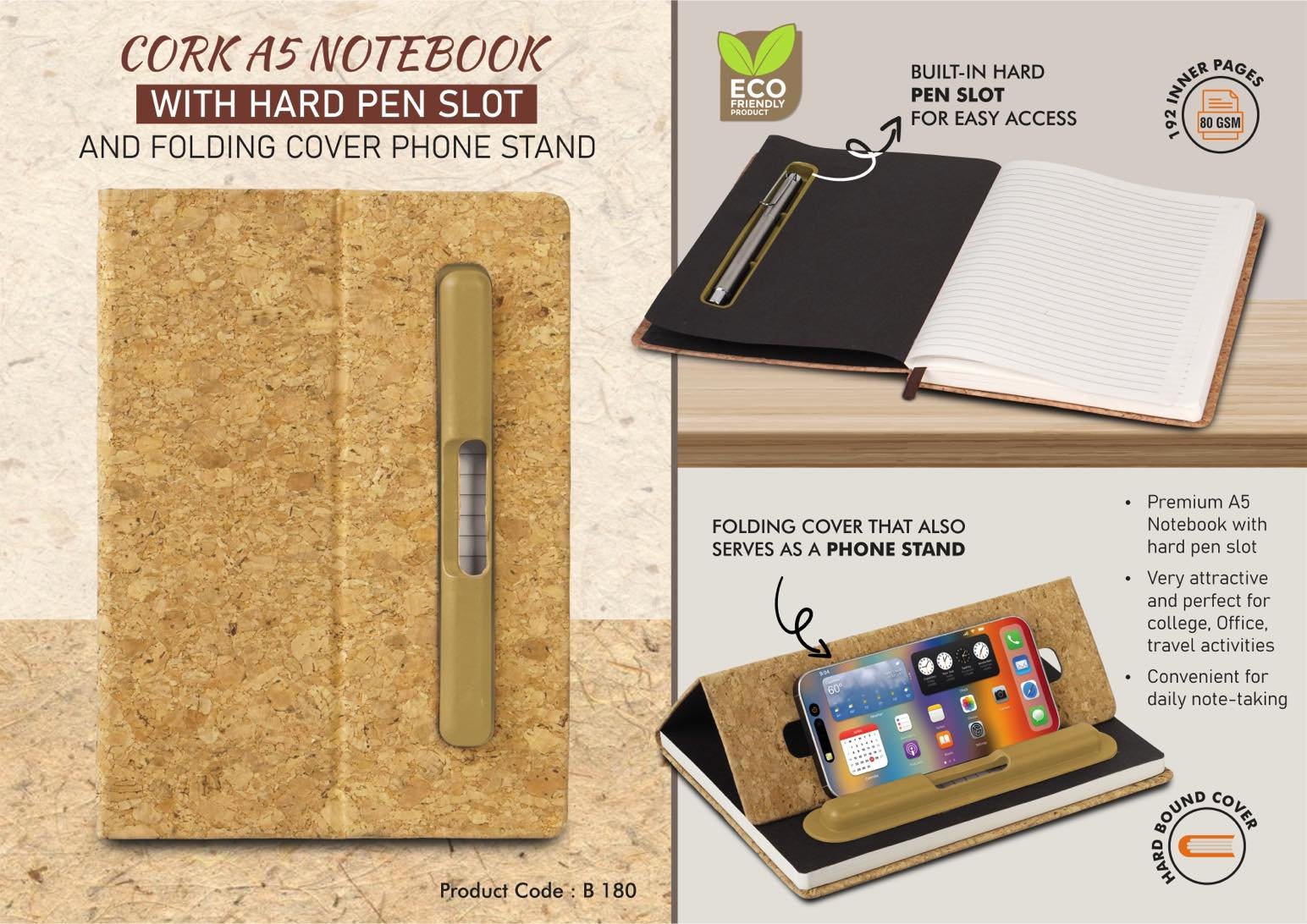 B180 – Cork A5 Notebook with Hard pen slot and Folding cover Phone Stand