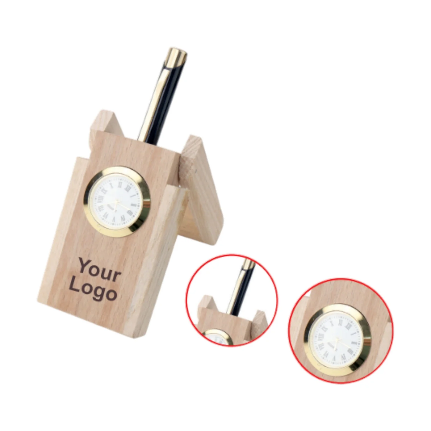 Wooden Pen Holder With Quartz Clock