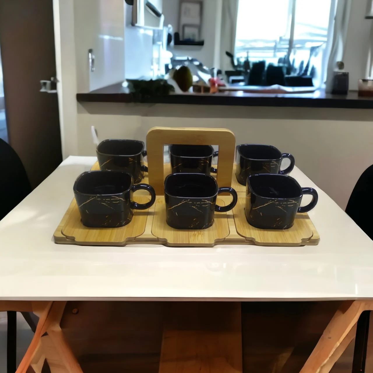 White Gold 6 Piece Cups With Bamboo Base