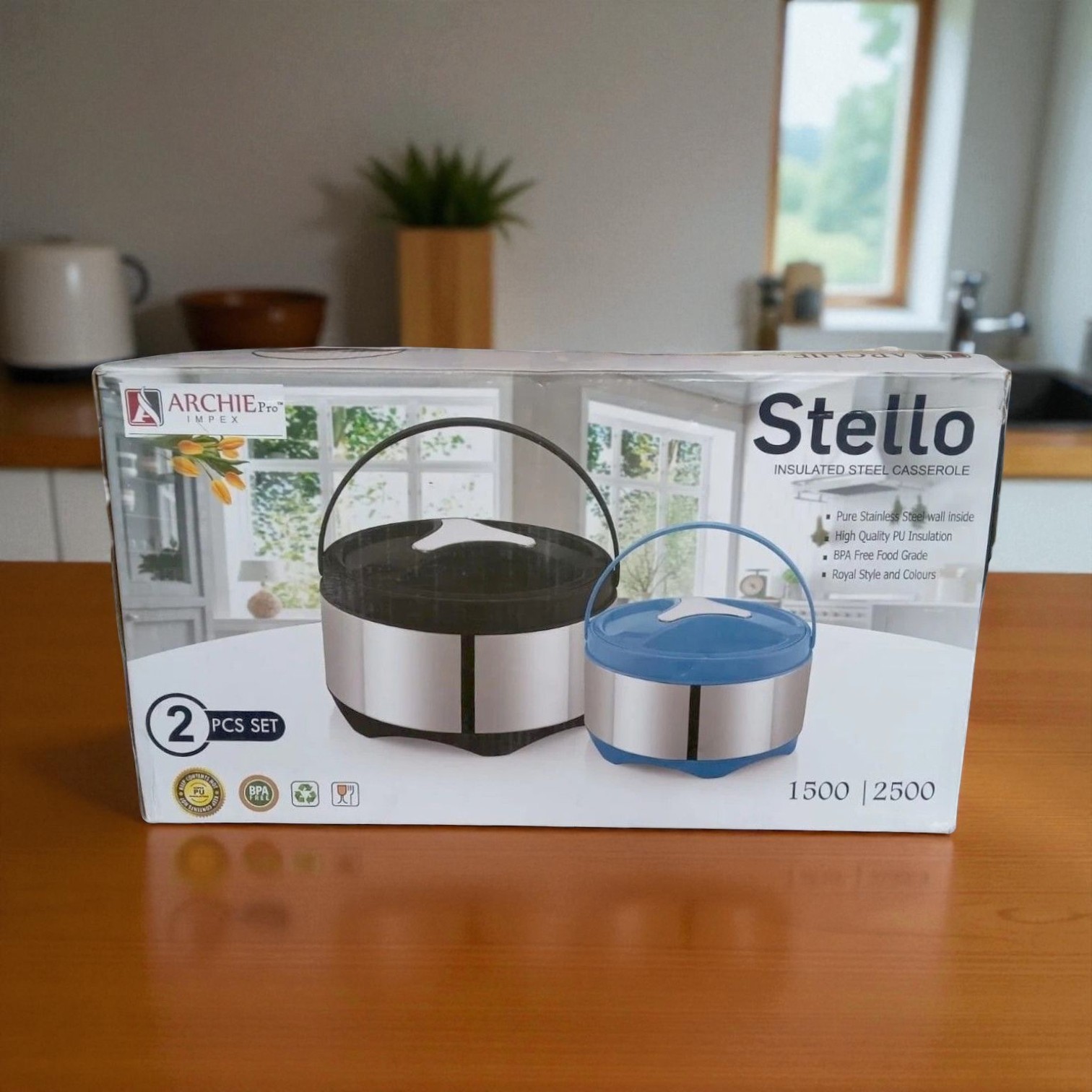 Archie Stello 2 Piece Stainless Steel Insulated Casserole Set (1500ml + 2500ml) - Image 2