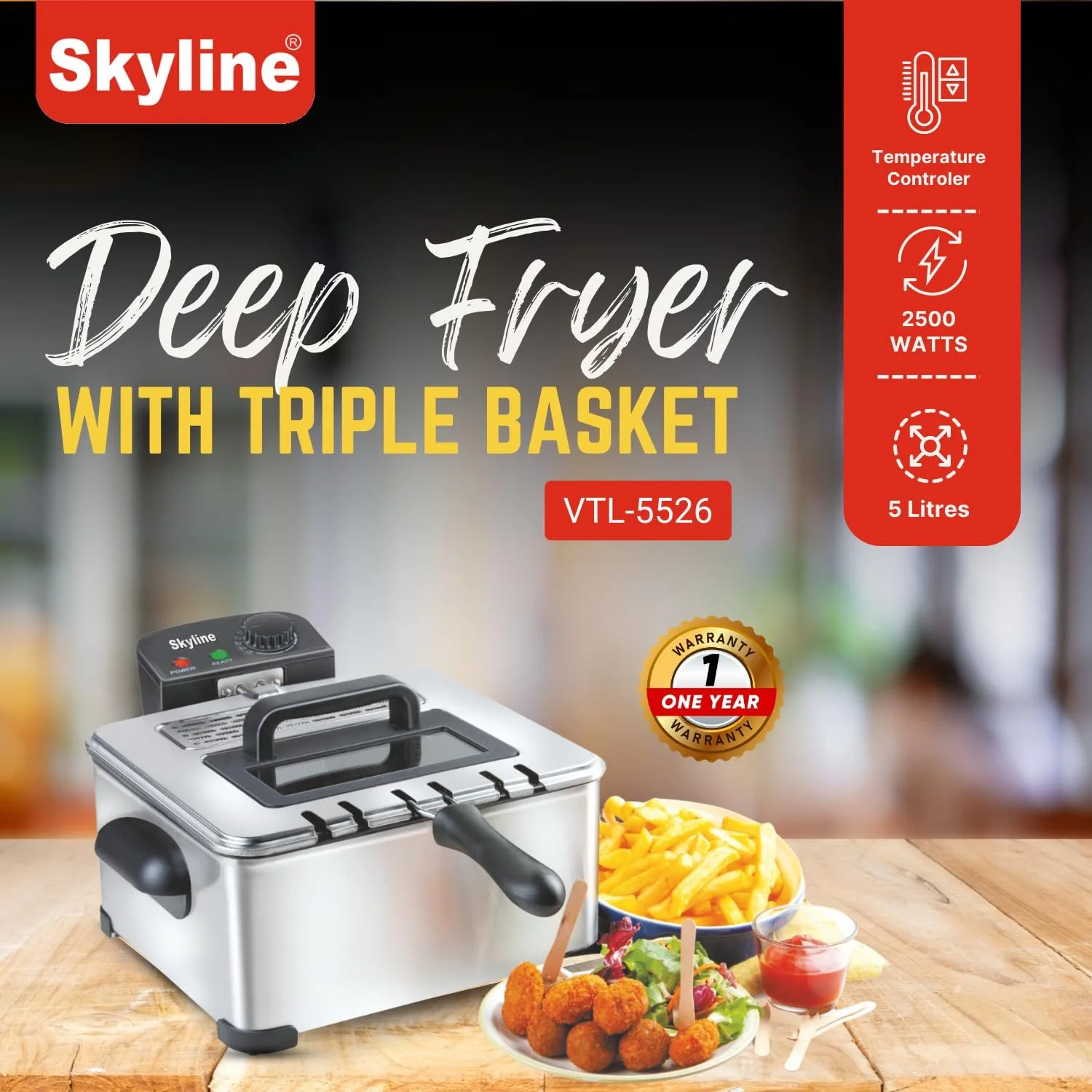 Skyline 2500W Deep Fryer with Triple Basket, 5 Litres VTL-5526 - Image 3