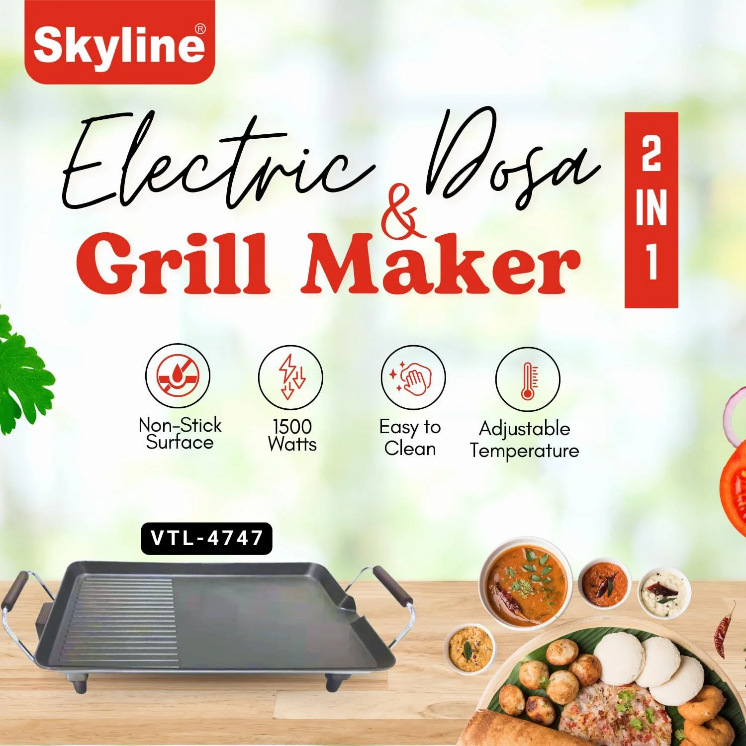Skyline 2-in-1 Electric Dosa & Grill Maker, 1500W VTL-4747 - Image 2