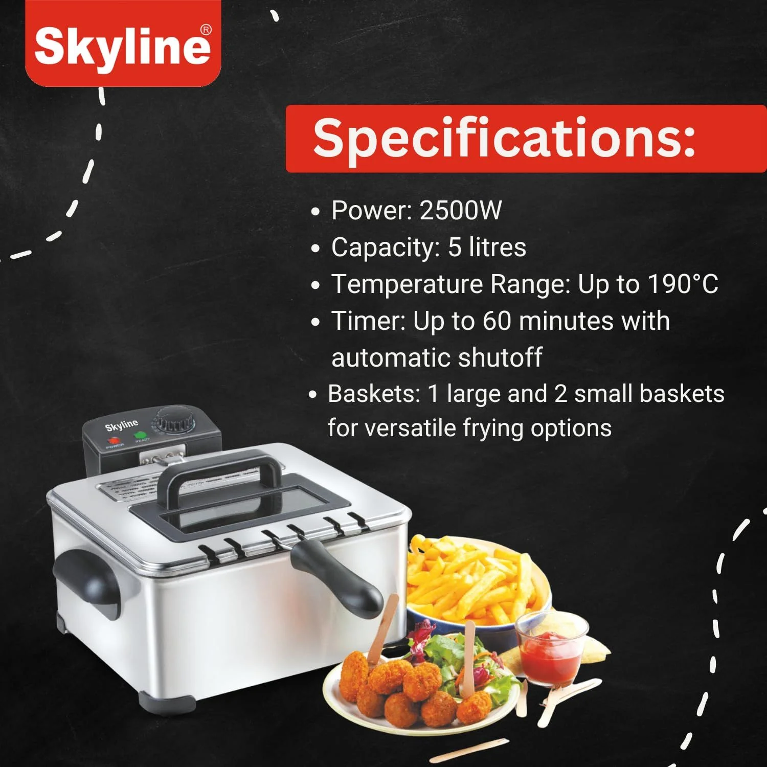 Skyline 2500W Deep Fryer with Triple Basket, 5 Litres VTL-5526 - Image 2
