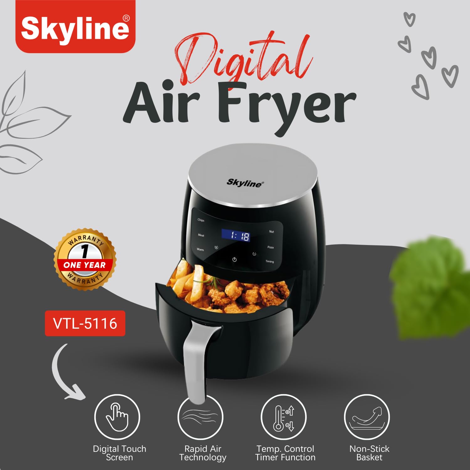 Skyline Digital Air Fryer 2000W, 5.2 Litres VTL-5116 - Image 3