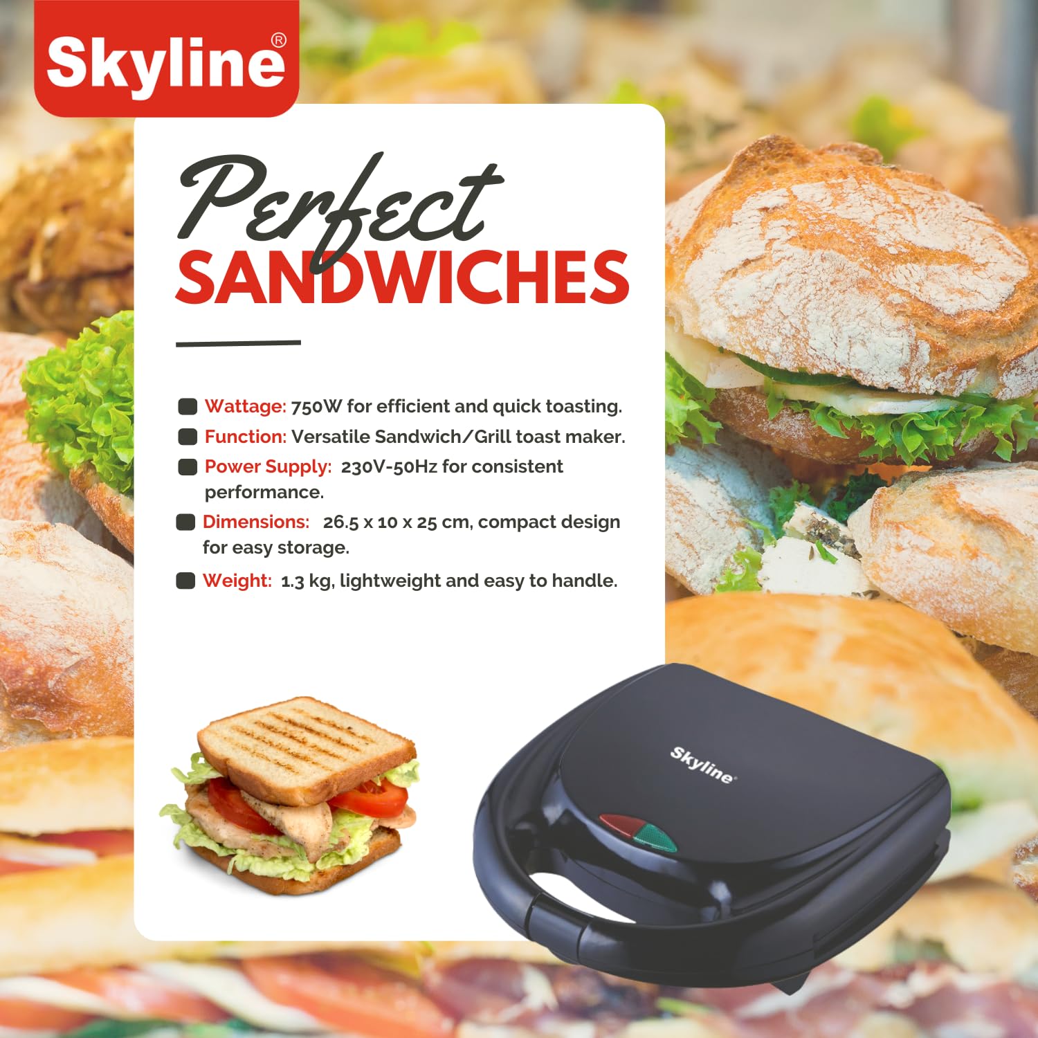 Skyline VTL-2022 Electric Sandwich Grill Toaster Maker 750W - Image 3