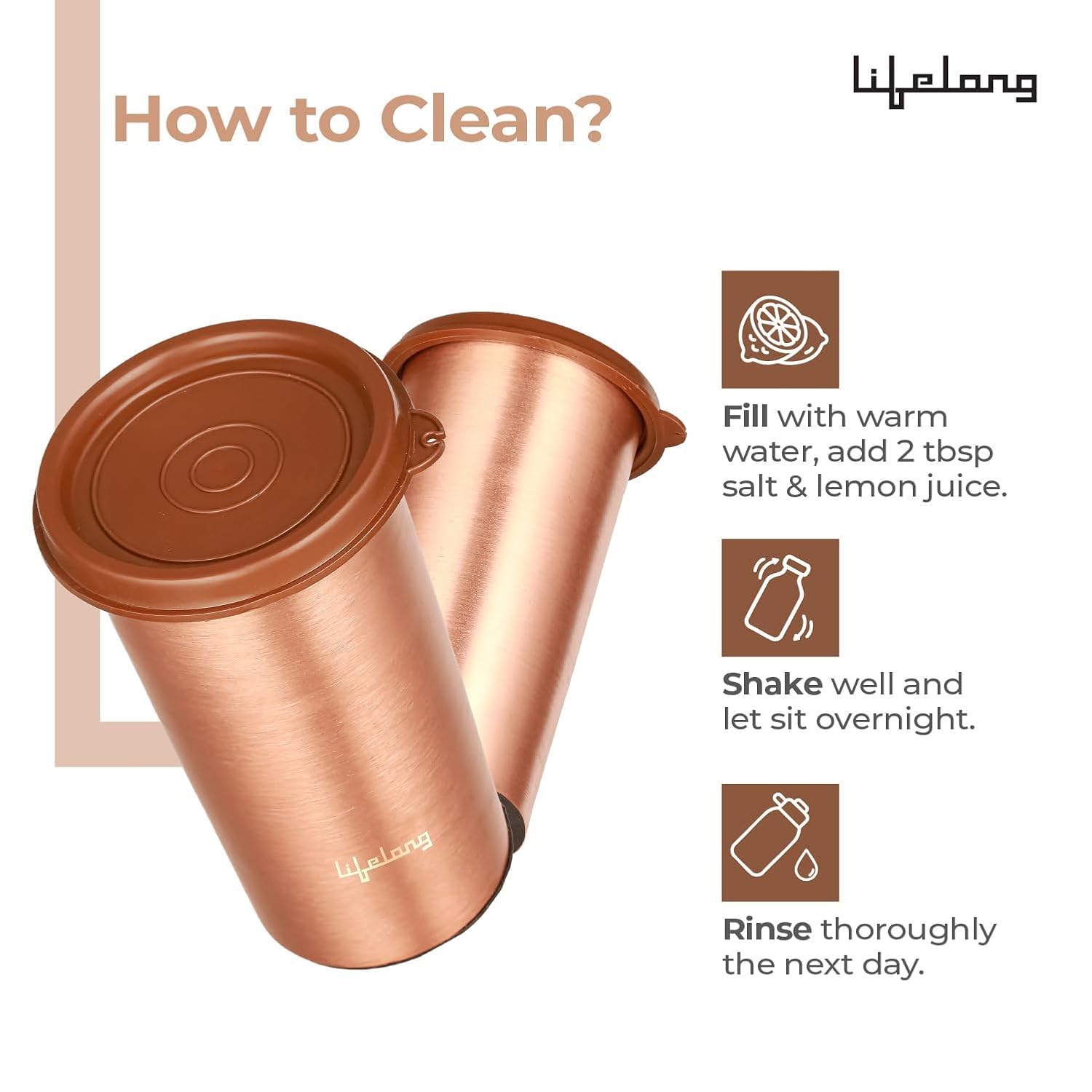 Lifelong 480ml Copper Water Tumbler with Lid – Pure Copper Drinking Glass - Image 4