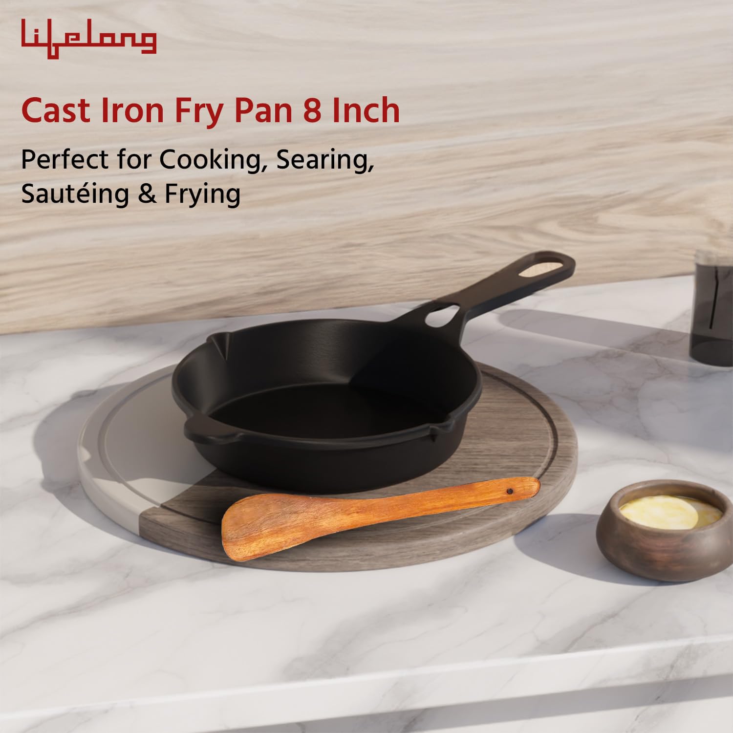 Lifelong Pre - Seasoned Cast Iron Fry Pan 8 inch with Wooden Spatula 20CM - Image 4