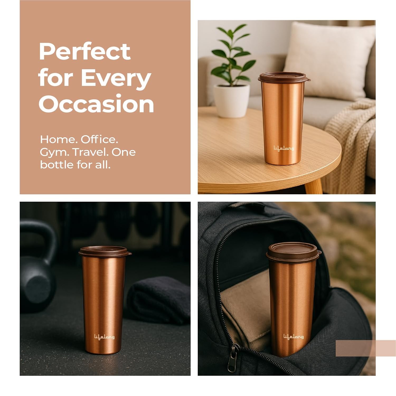 Lifelong 480ml Copper Water Tumbler with Lid – Pure Copper Drinking Glass - Image 5