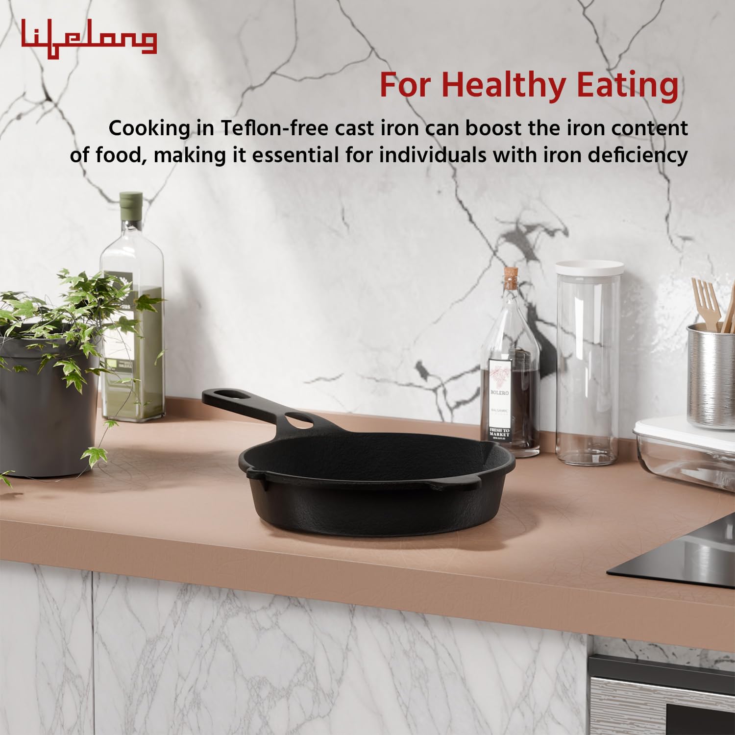 Lifelong Pre - Seasoned Cast Iron Fry Pan 8 inch with Wooden Spatula 20CM - Image 3