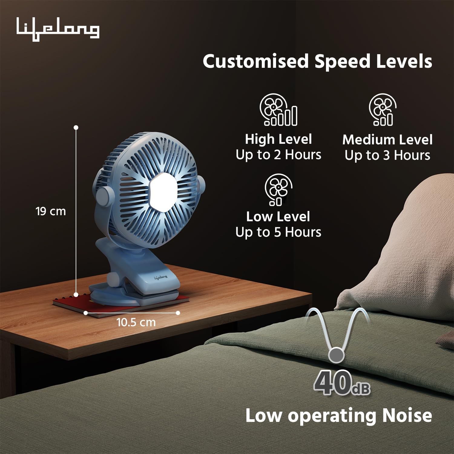 Lifelong 125mm Rechargable Fan with Clip & LED Light - Image 2