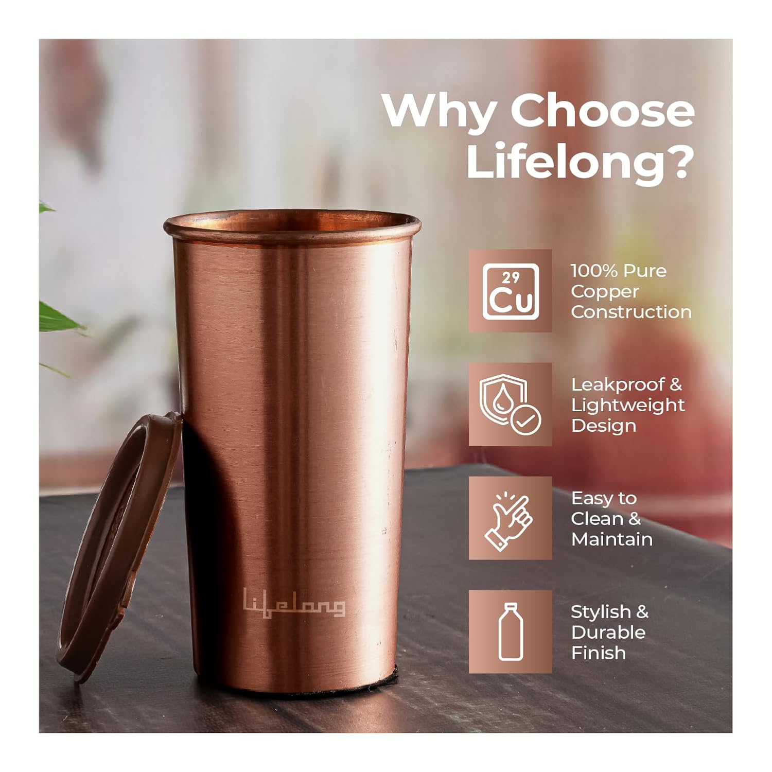 Lifelong 480ml Copper Water Tumbler with Lid – Pure Copper Drinking Glass - Image 2