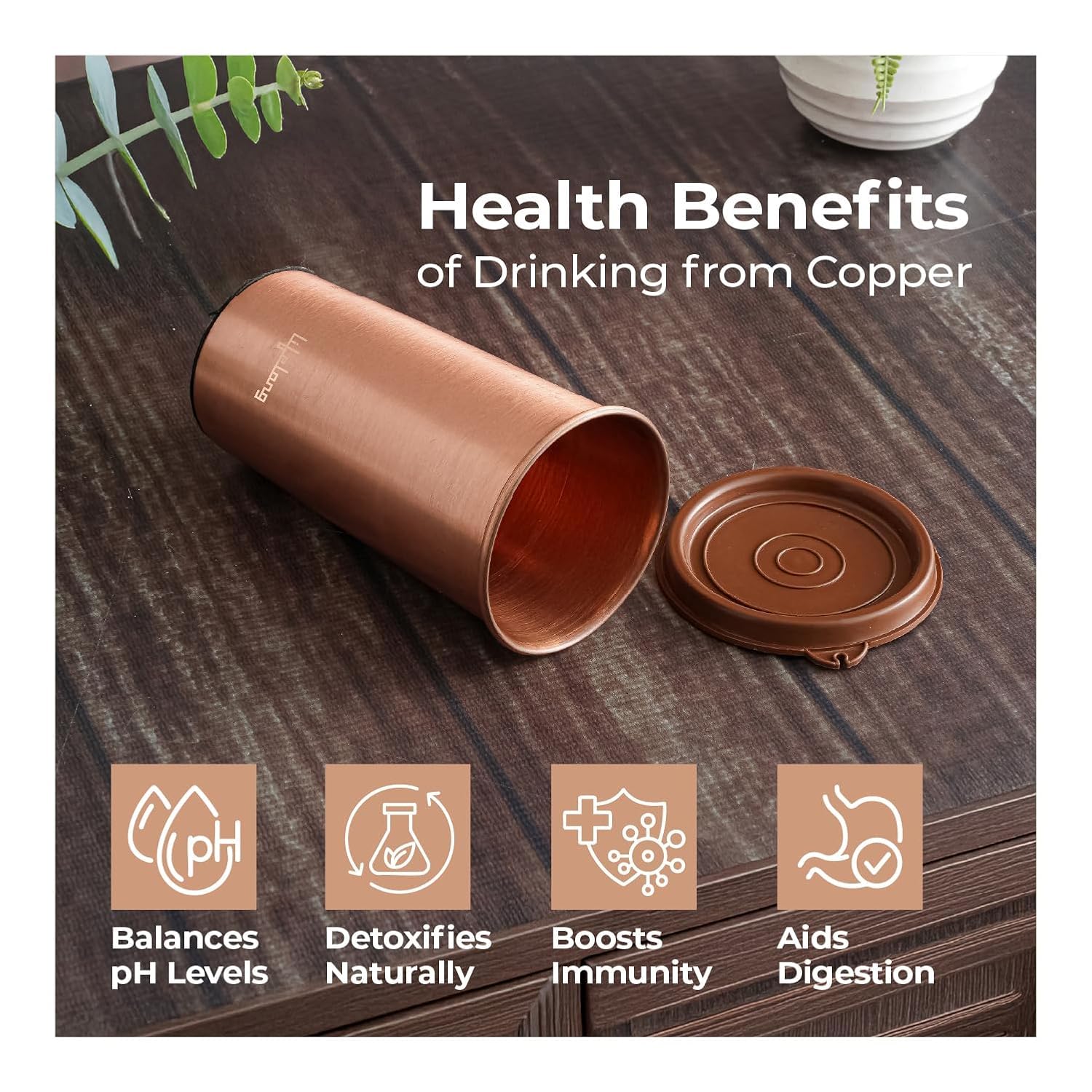 Lifelong 480ml Copper Water Tumbler with Lid – Pure Copper Drinking Glass - Image 3