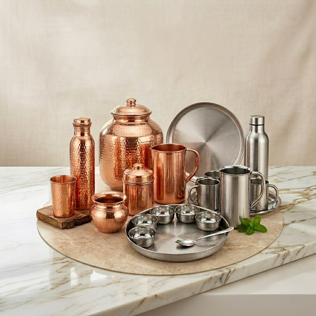Copper and Steel Serveware Collection for Dining and Serving